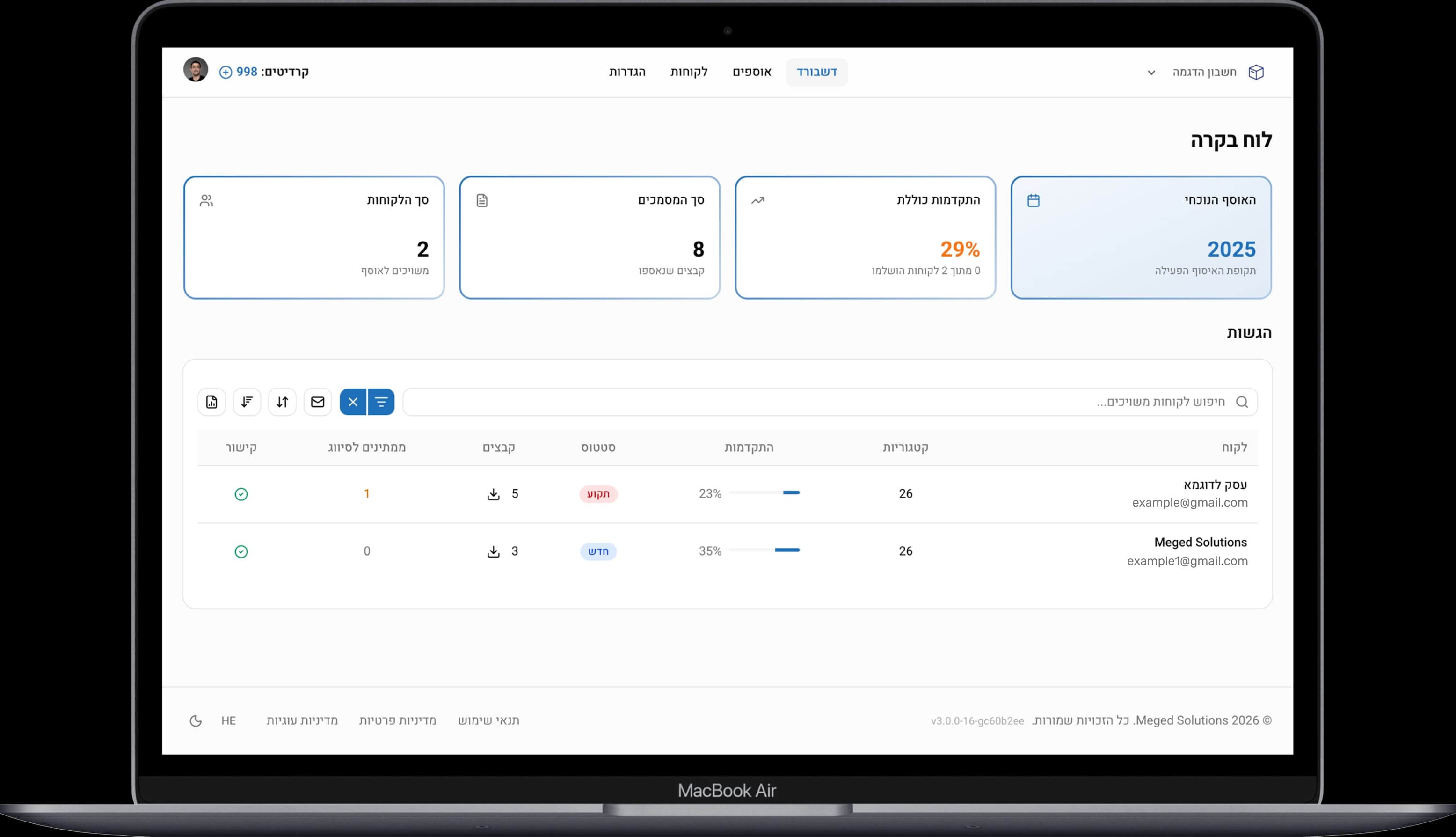 Collekto team member dashboard - client overview with KPI cards and a progress table